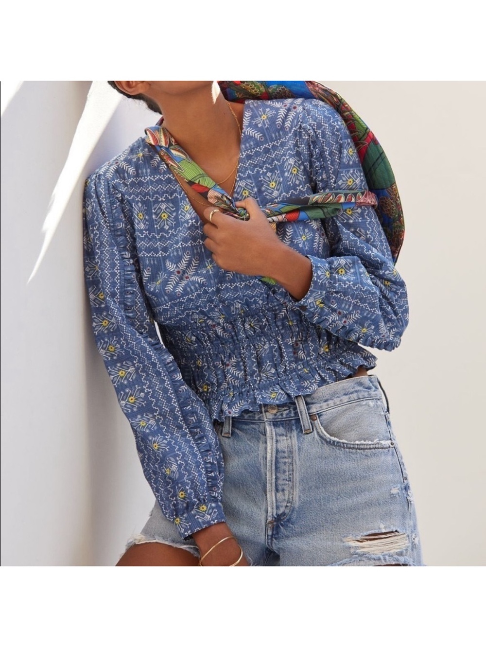 Anthropologie Forever That Girl Embroidered Smocked‎ Waist Top Size XL